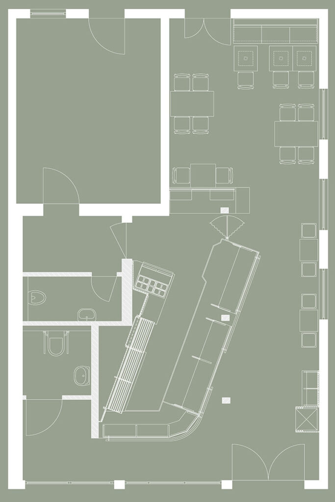 Grundriss eines Cafés mit Bar und Sitzplätzen